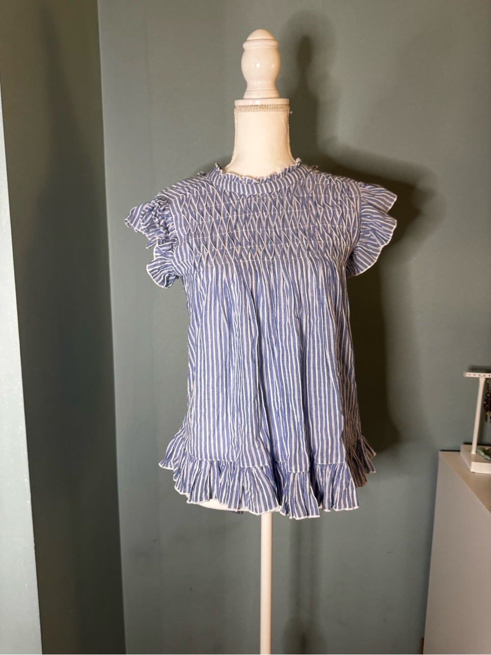 Anthropologie Blue and White Striped Ruffle Neck Top